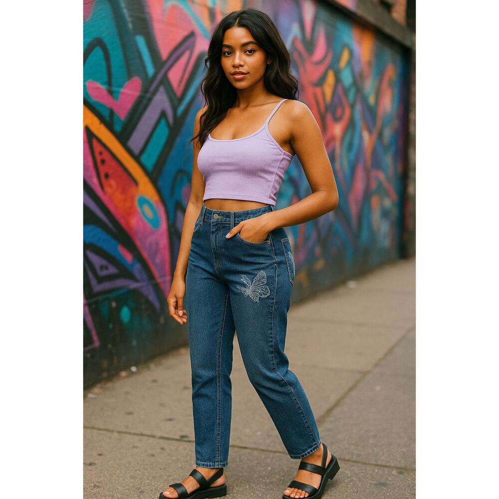 Y2K Butterfly Embroidered Dark Wash Stretch Jeans Kaba Jeans Size 18